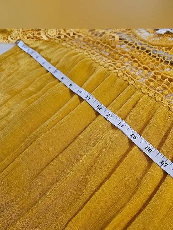 Indigo Rose Mustard Yellow Boho Crochet Lace Mini Dress | Bell Sleeve Bohemian M - Picture 7 of 10